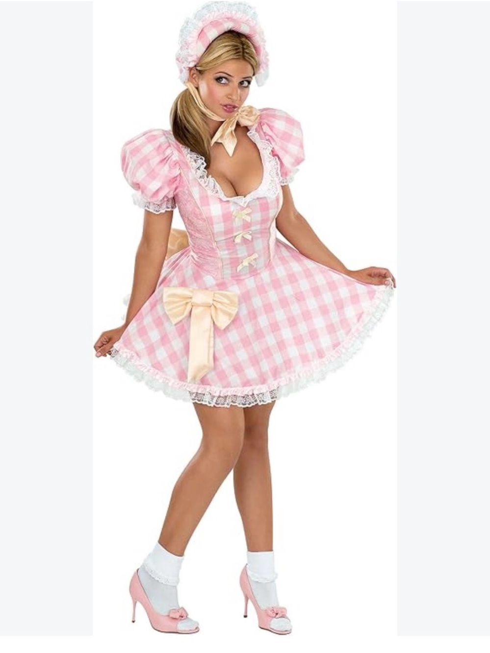NEW SECRET WISHES BO PEEP SEXY PINK GINGHAM HALLOWEEN DRESS & HAT BOW ACCENTS XS